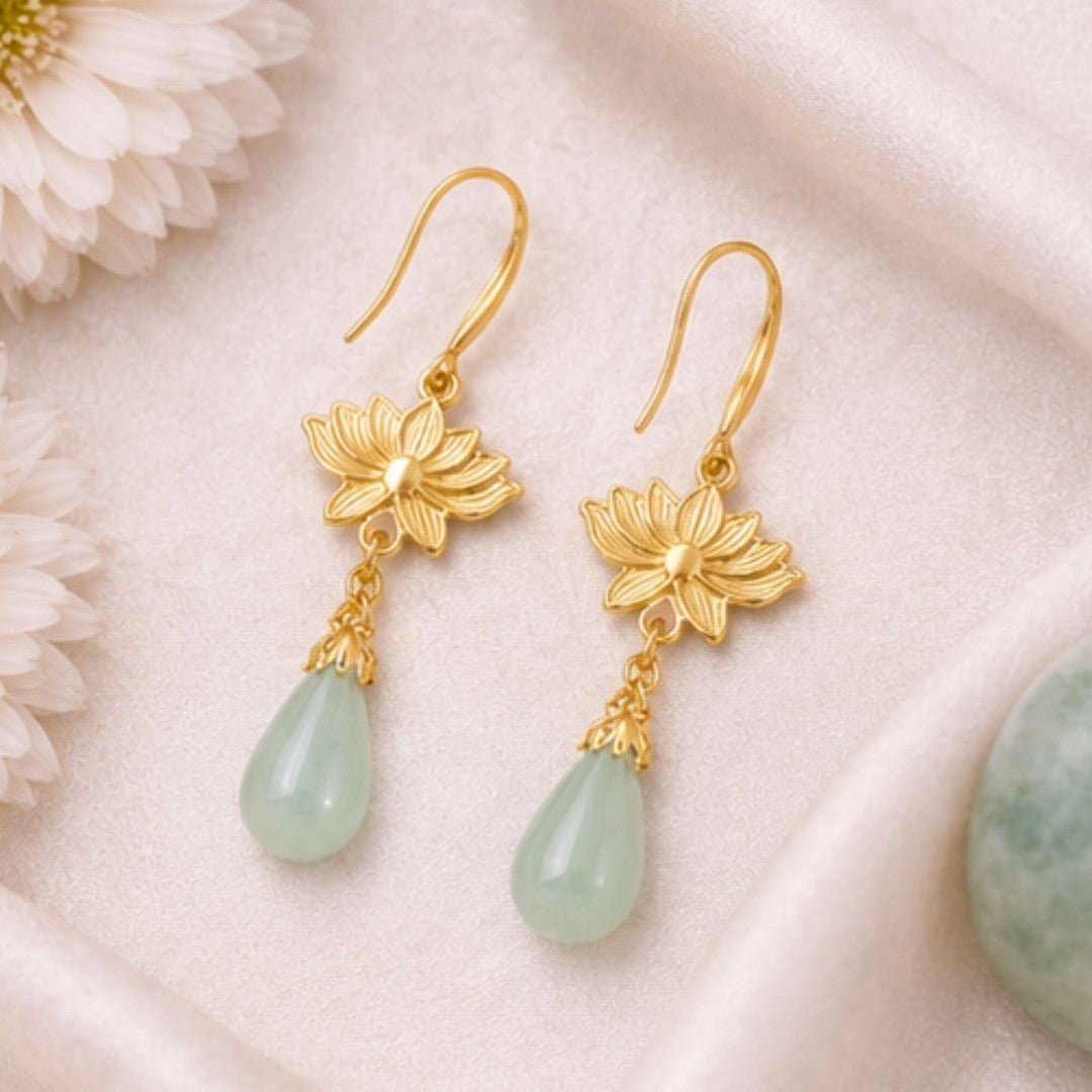 Gold Plated Lotus Pearl Drop Earrings