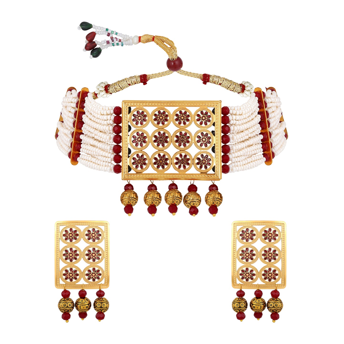 Bdiva 18K Gold Plated Intricately Carved Red Beads Rectangular Choker Necklace.