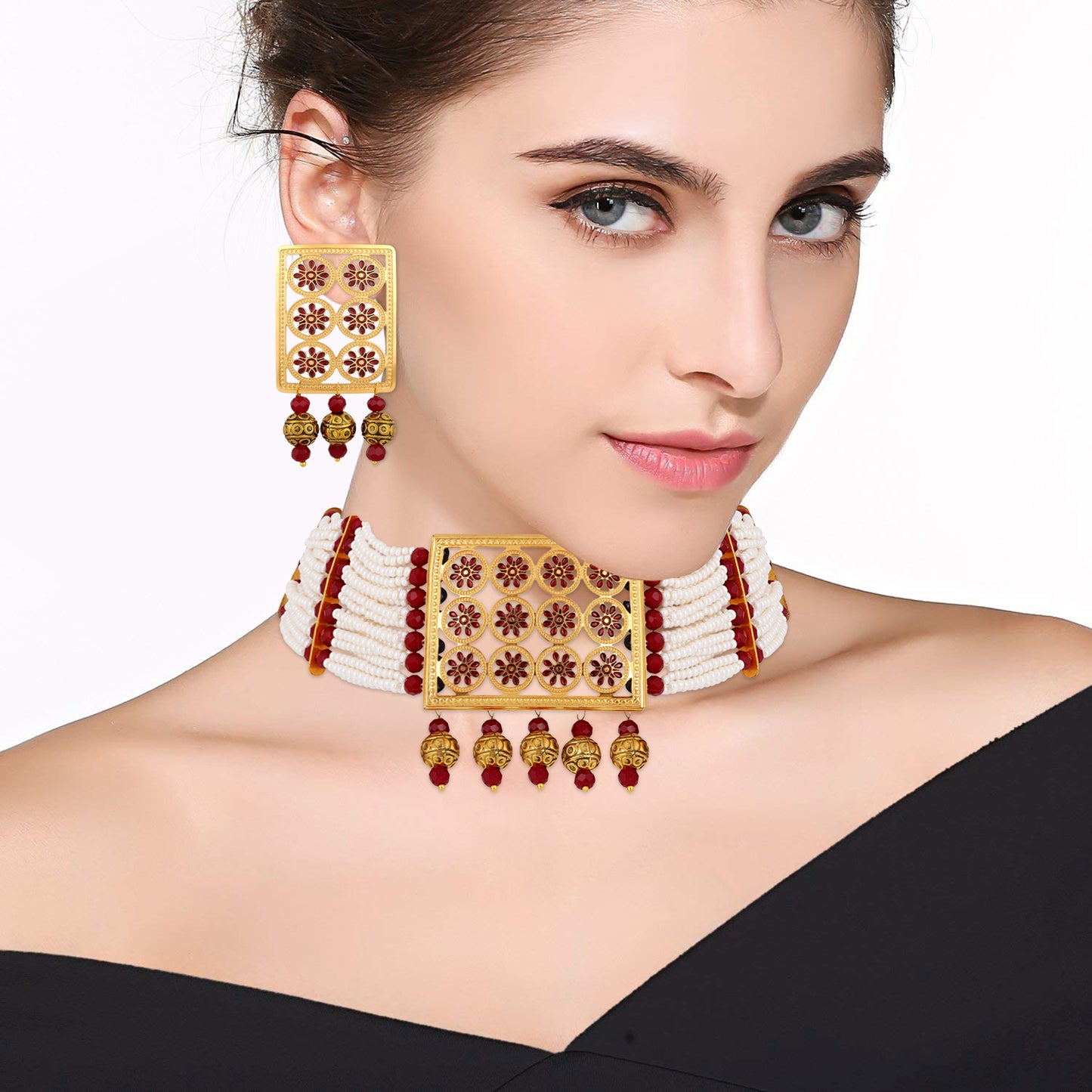 Bdiva 18K Gold Plated Intricately Carved Red Beads Rectangular Choker Necklace.