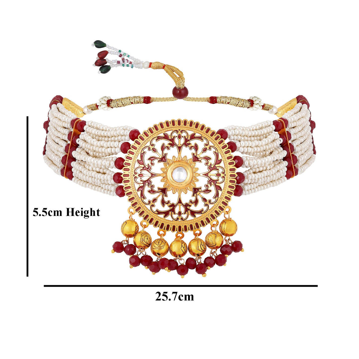 Bdiva 18K Gold Plated Intricately Carved Red Beads Round Choker Necklace.