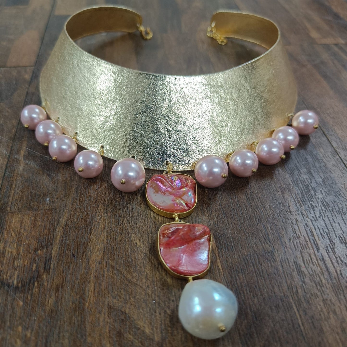 18K Gold Plated Indo-Western Pink and White Stone Pearl Choker.