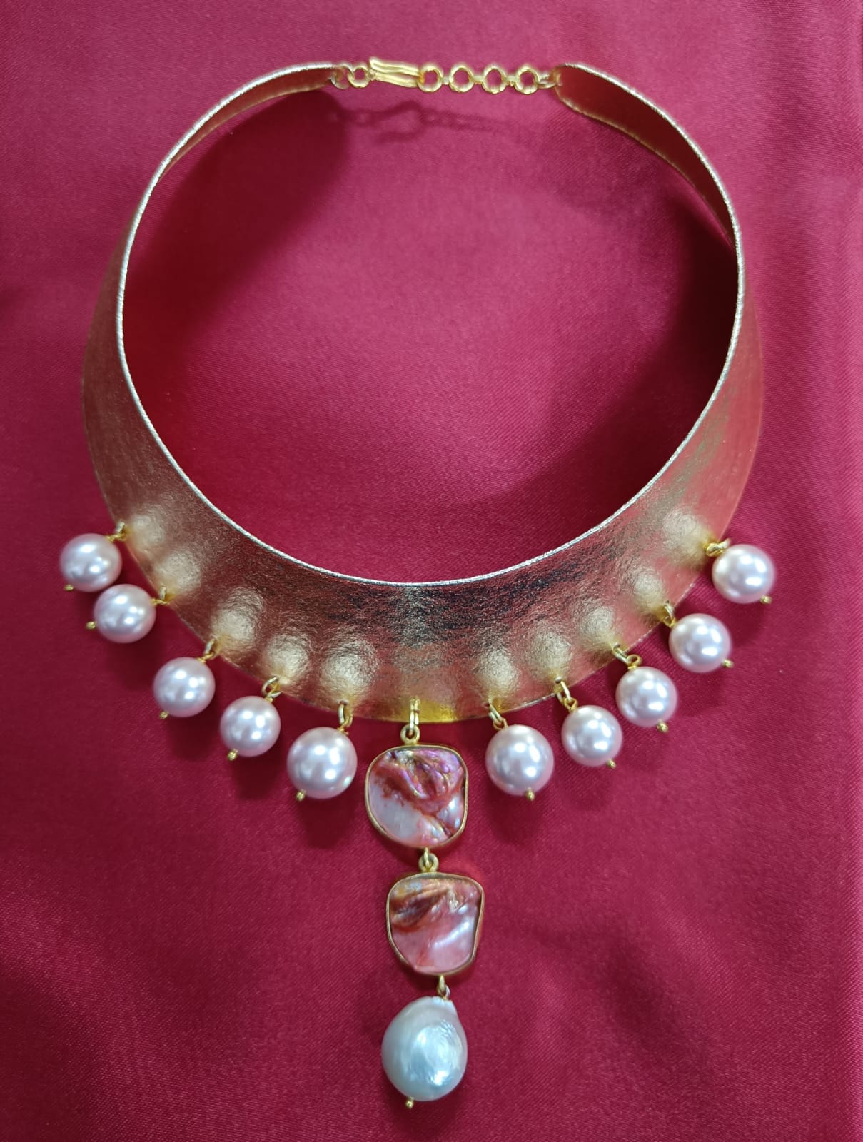 18K Gold Plated Indo-Western Pink and White Stone Pearl Choker.