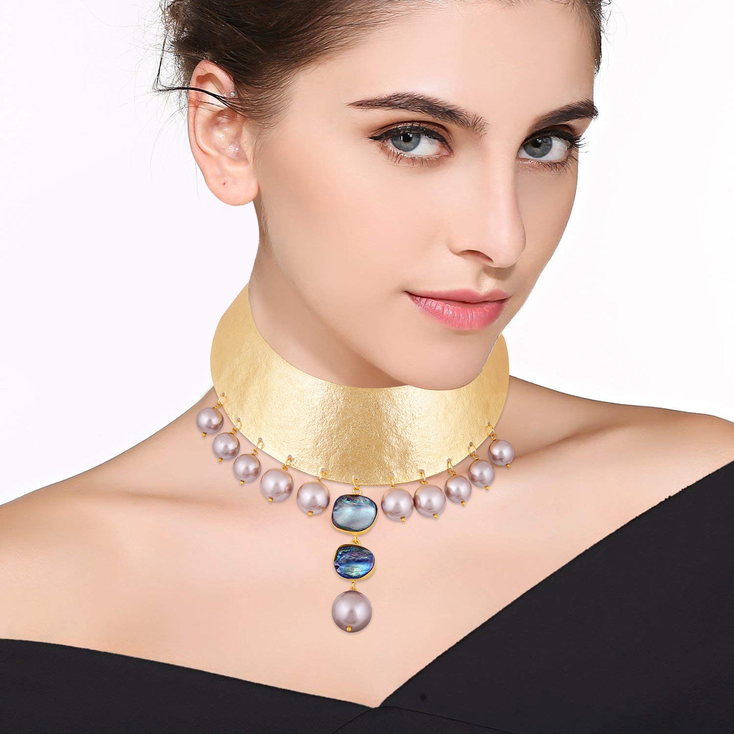 18K Gold Plated Indo-Western Blue Stone Pearl Choker.