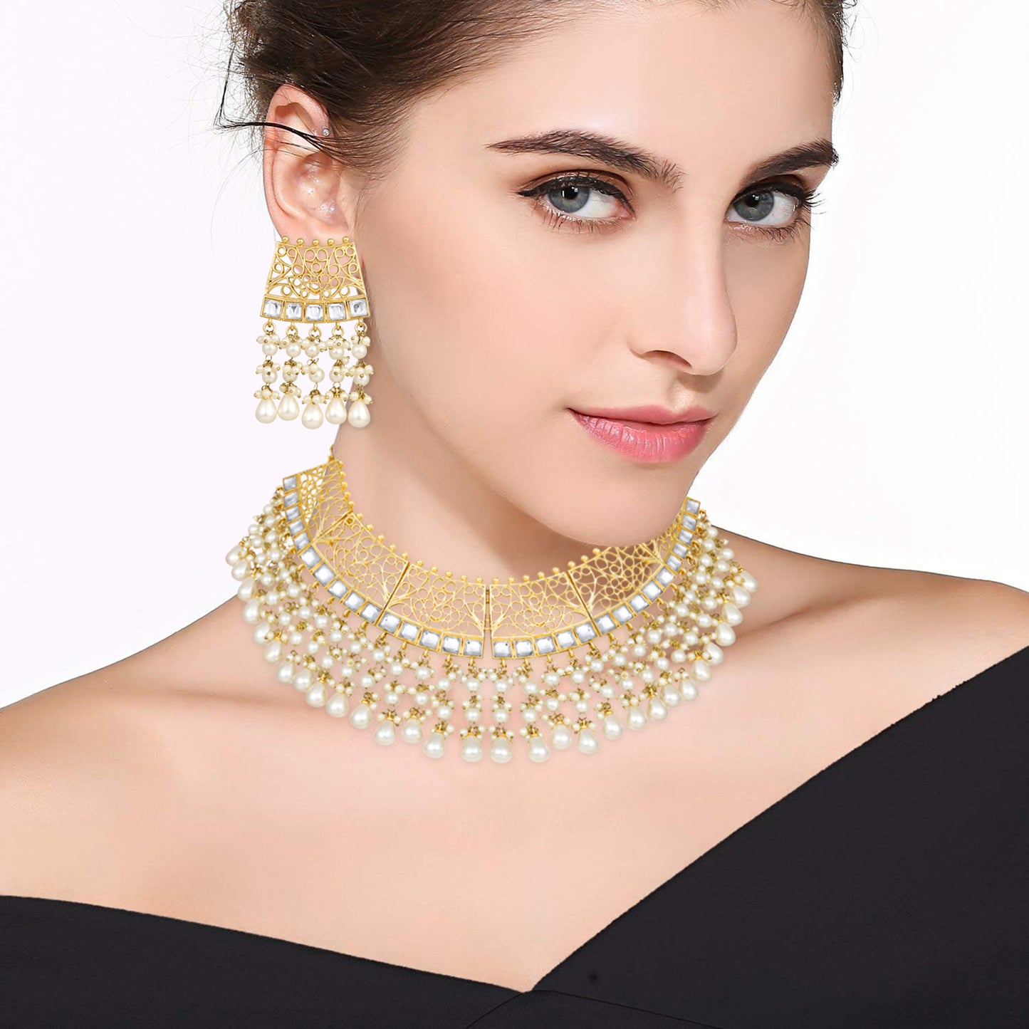 Bdiva 18K Gold Plated Kundan Semi Cultured White Pearl Choker