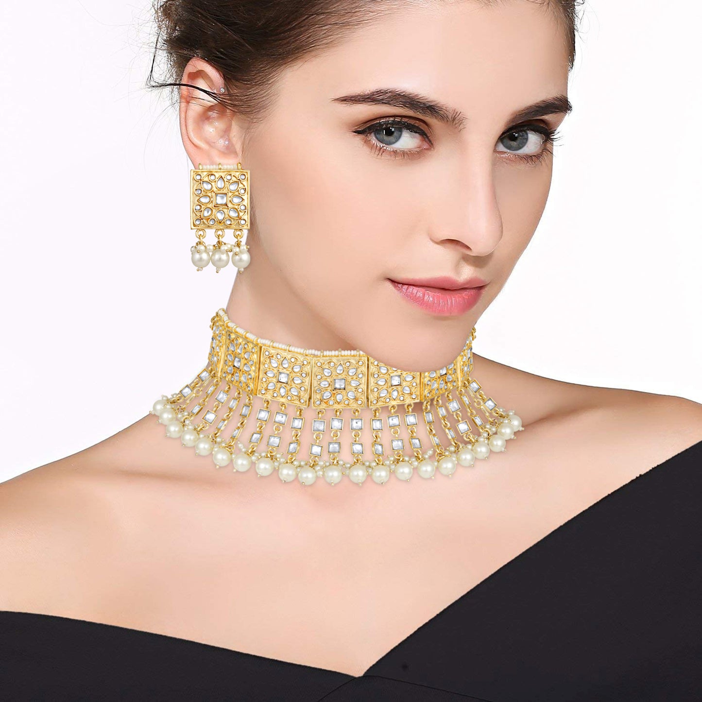 Bdiva 18K Gold Plated Kundan Semi Cultured White Pearl Choker