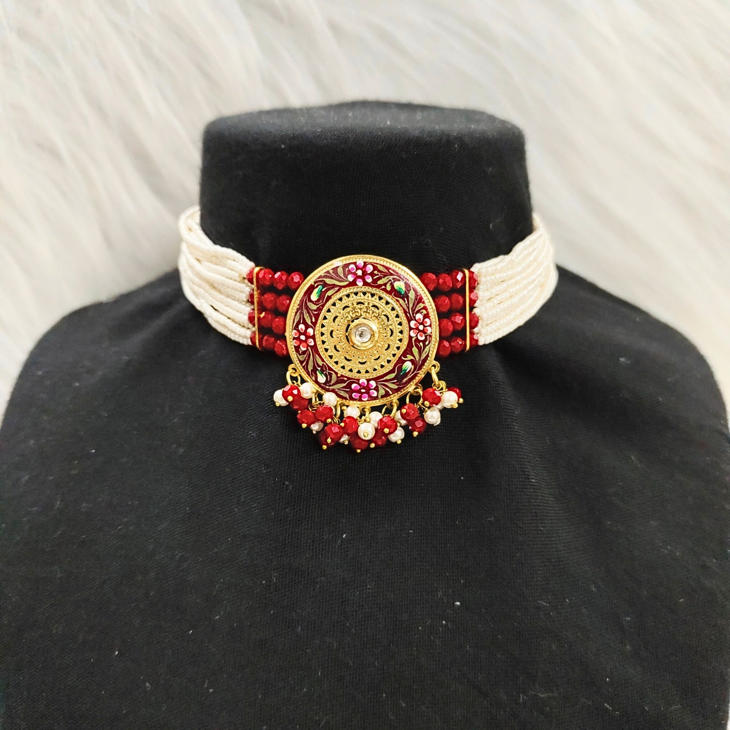 Bdiva 18K Gold Plated Intricately Carved Red Beads Round Choker Necklace