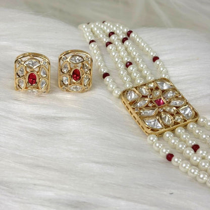Gold Plated Pink Kundan Semi Cultured Pearl Choker Set