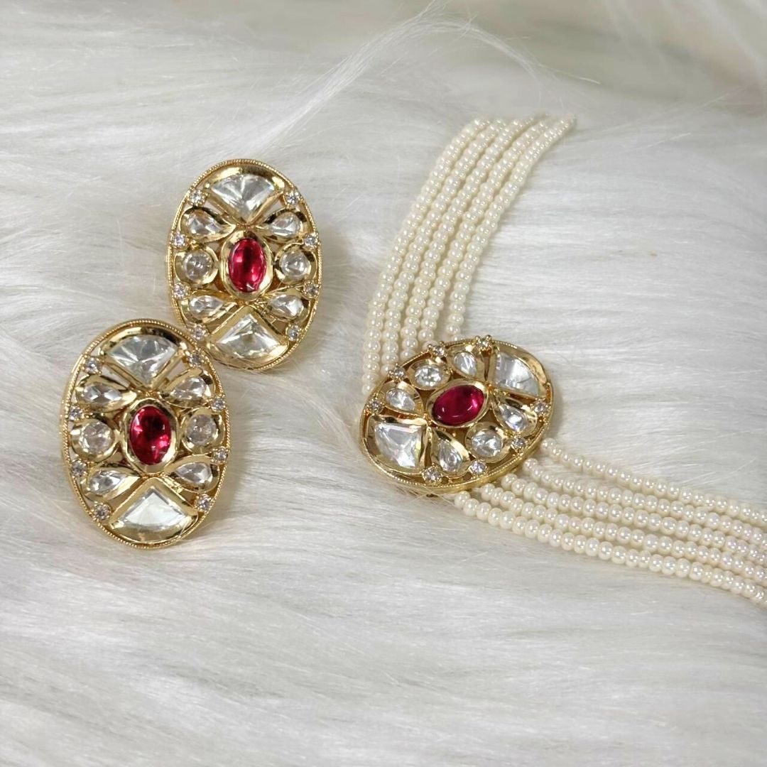 Gold Plated Pink Kundan Semi Cultured Pearl Choker Set