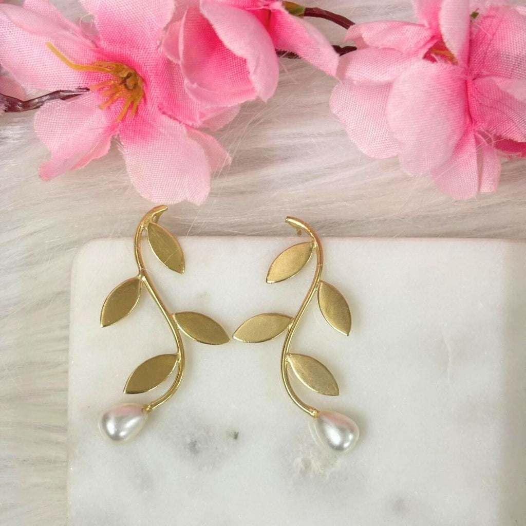 Gold-Plated Leaf Pearl Dangle Earrings