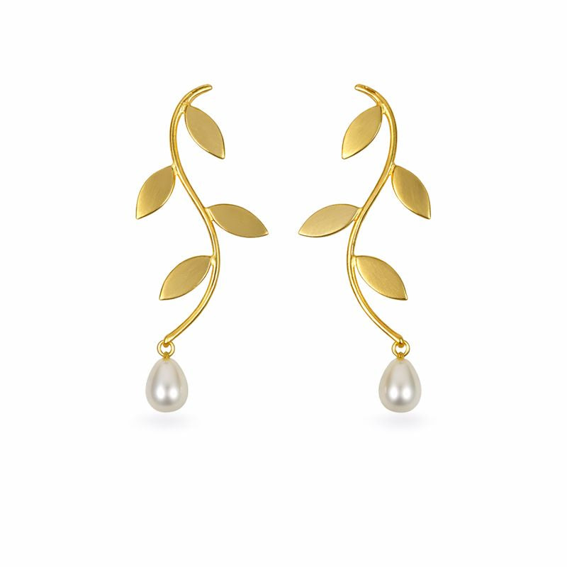 Gold-Plated Leaf Pearl Dangle Earrings