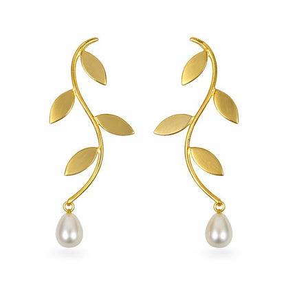 Gold-Plated Leaf Pearl Dangle Earrings