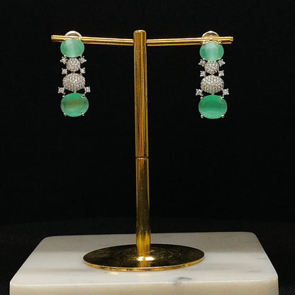 Rhodium Plated Green Stone Earrings