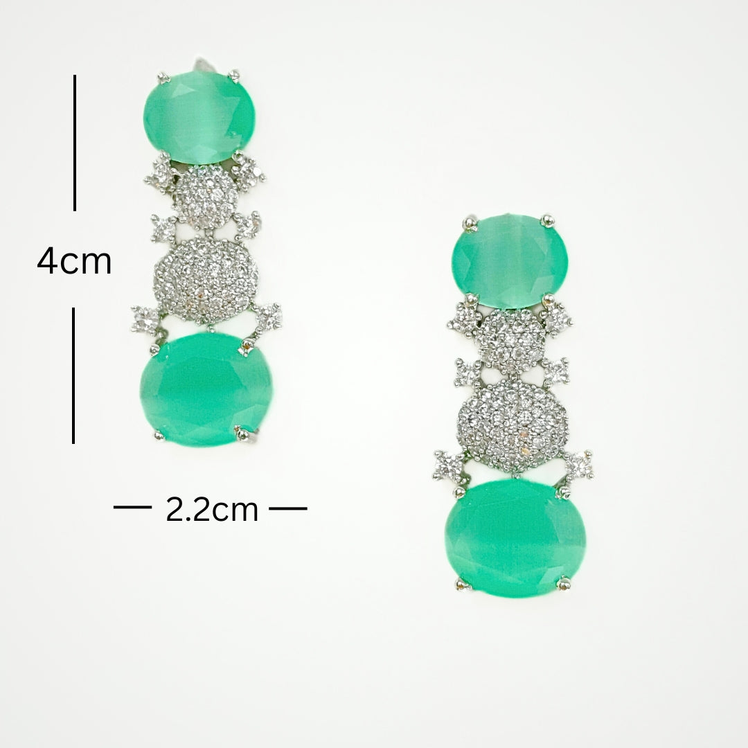 Rhodium Plated Green Stone Earrings