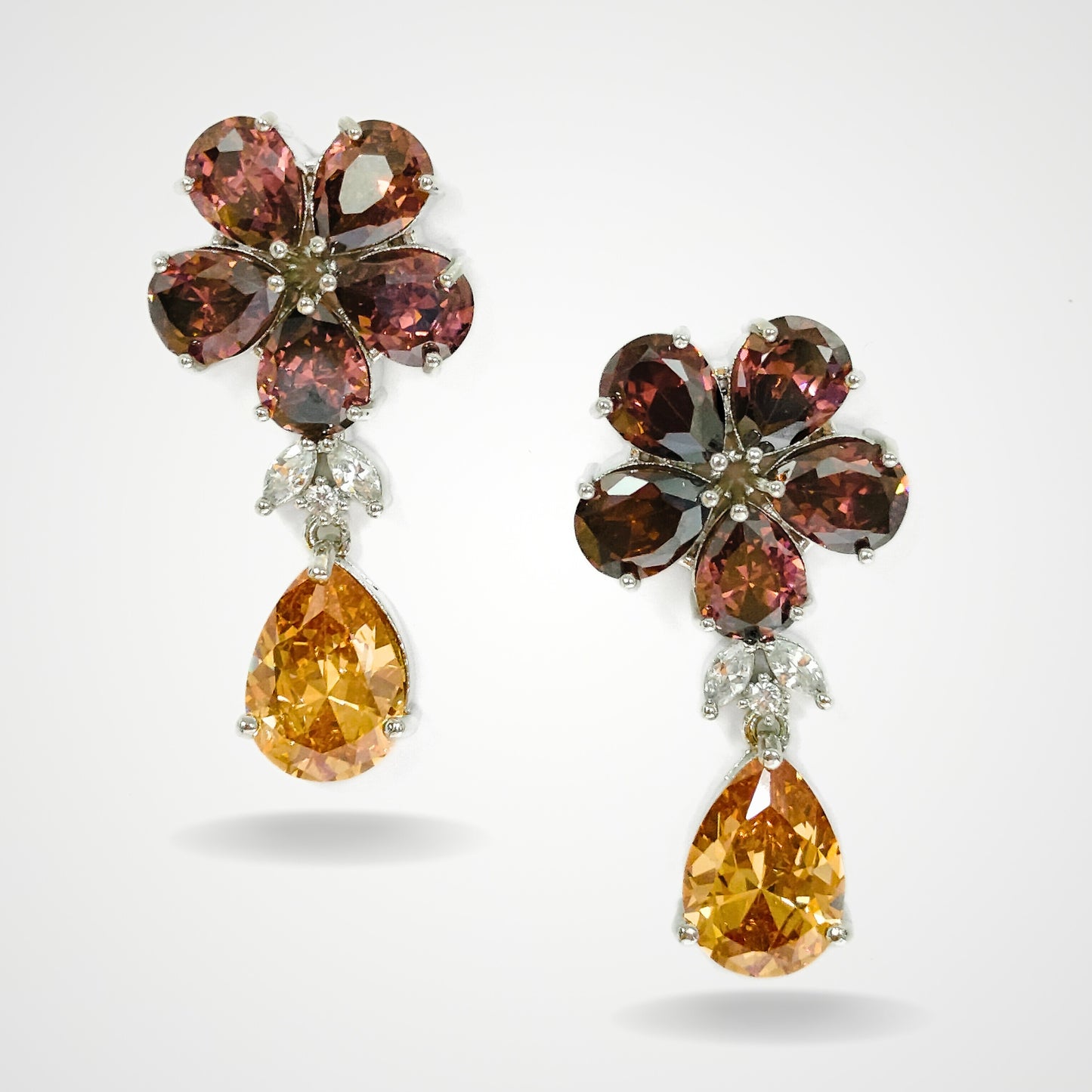Bdiva Rhodium Plated Garnet and Champagne  Gemstone Flower Design Dangle Earring