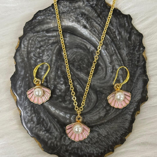 Gold Plated Blush Seashell Pink Enamel & Pearl Pendant Set