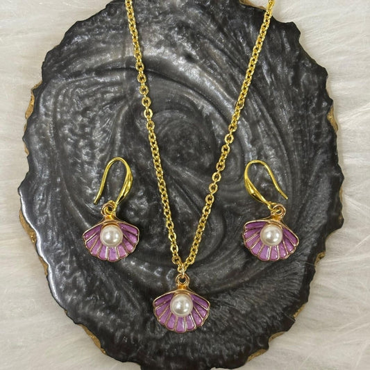 Gold Plated Ocean Grace Purple Enamel & Pearl Shell Pendant Set