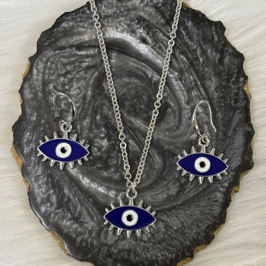 Rhodium-Plated Evil Eye Enamel Pendant Set
