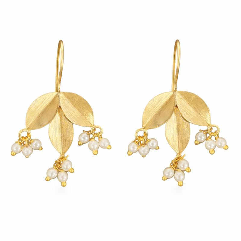 Gold-Plated Leaf Pearl Dangle Earrings