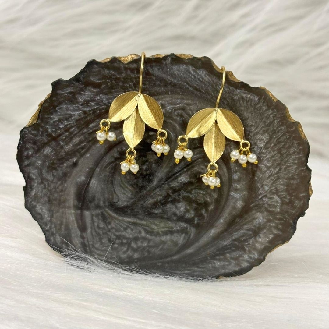 Gold-Plated Leaf Pearl Dangle Earrings