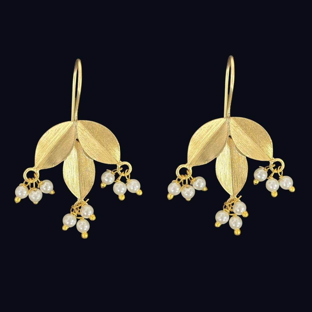 Gold-Plated Leaf Pearl Dangle Earrings