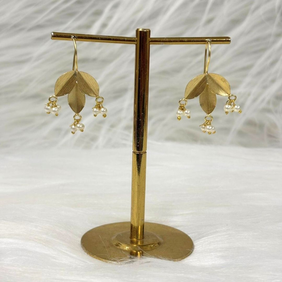 Gold-Plated Leaf Pearl Dangle Earrings
