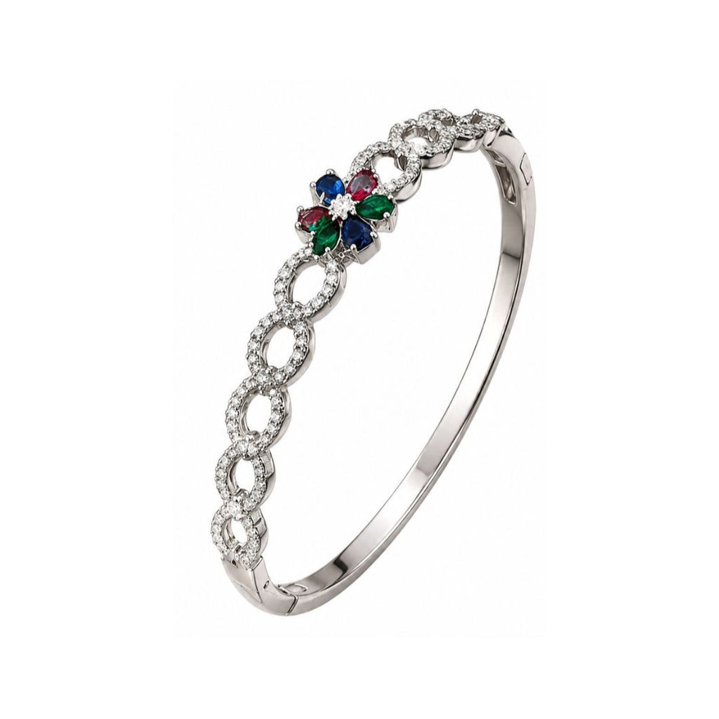 Rhodium Plated Cubic Zirconia Floral Bracelet