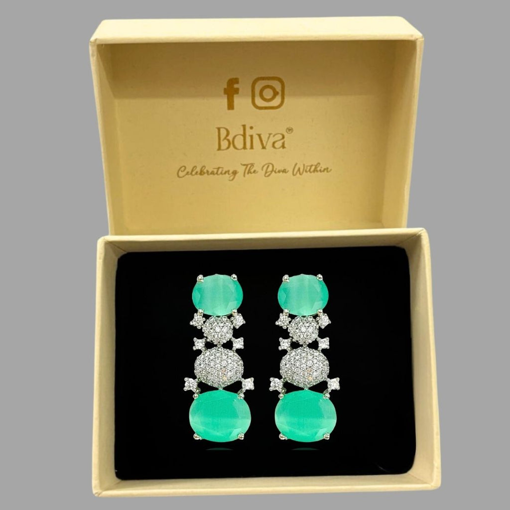 Rhodium Plated Green Stone Earrings