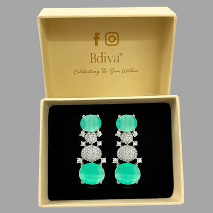 Rhodium Plated Green Stone Earrings