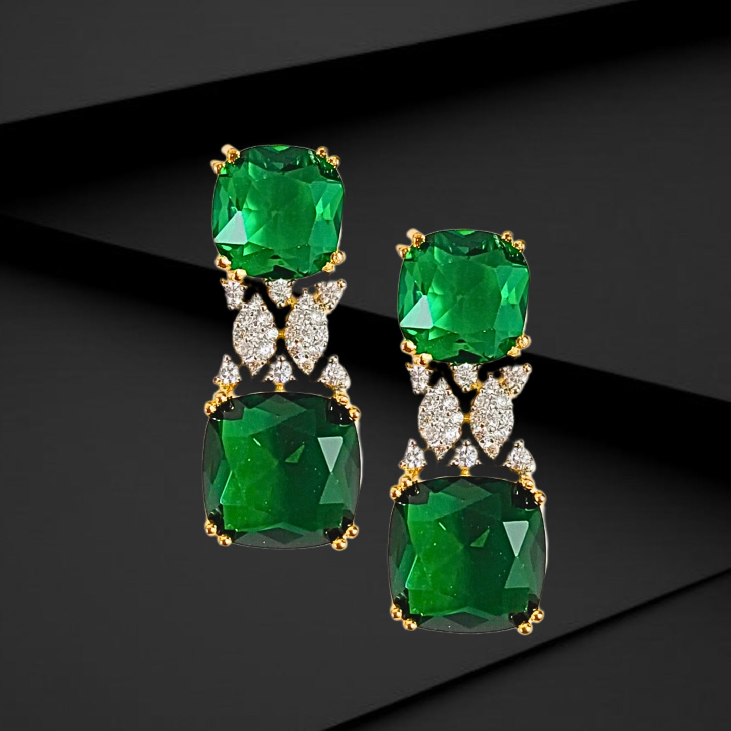 BDiva 18k Gold Plated Emerald Gemstone and Cubic Zircon Stone Sparkling Dazzling Dangle Earrings for Women