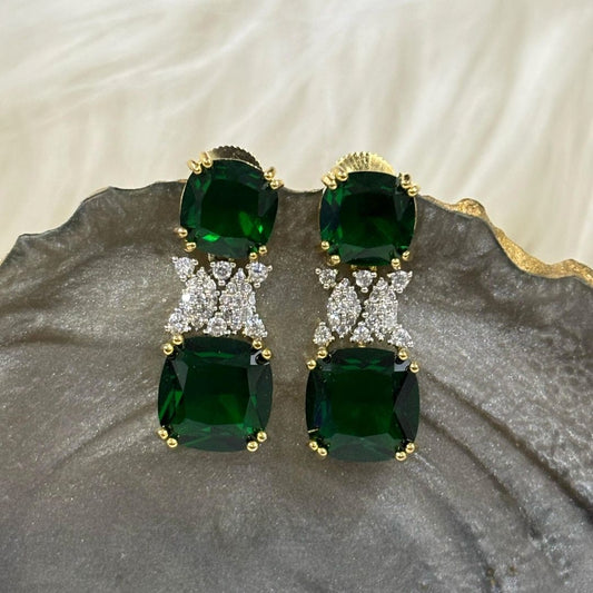 BDiva 18k Gold Plated Emerald Gemstone and Cubic Zircon Stone Sparkling Dazzling Dangle Earrings for Women