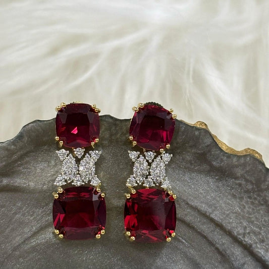 BDiva 18k Gold Plated Garnet Gemstone and Cubic Zircon Stone Sparkling Dazzling Dangle Earrings for Women