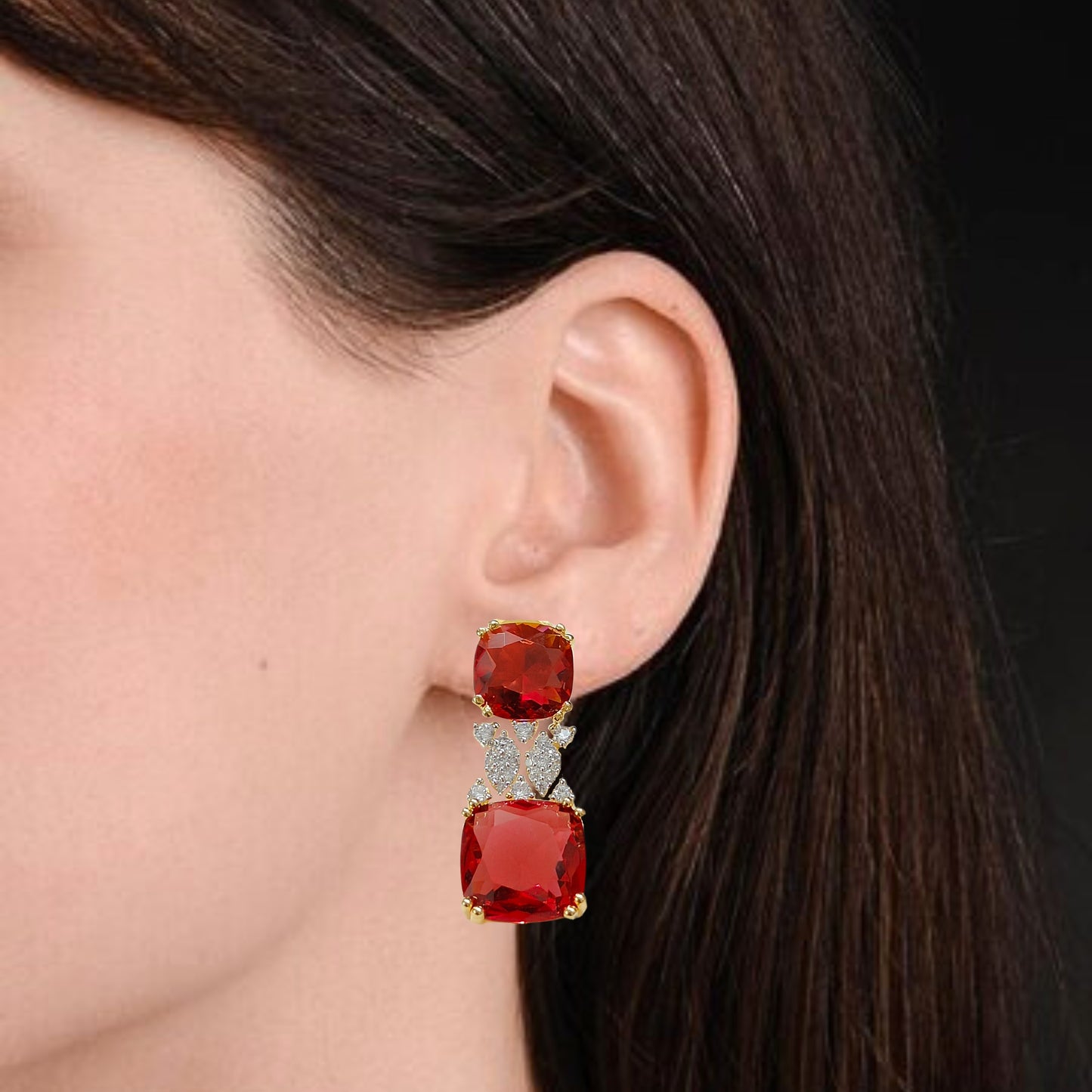 BDiva 18k Gold Plated Garnet Gemstone and Cubic Zircon Stone Sparkling Dazzling Dangle Earrings for Women