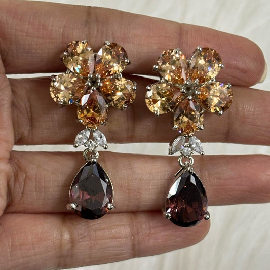 Bdiva Rhodium Plated Champagne  and Garnet Gemstone Flower Design Dangle Earring