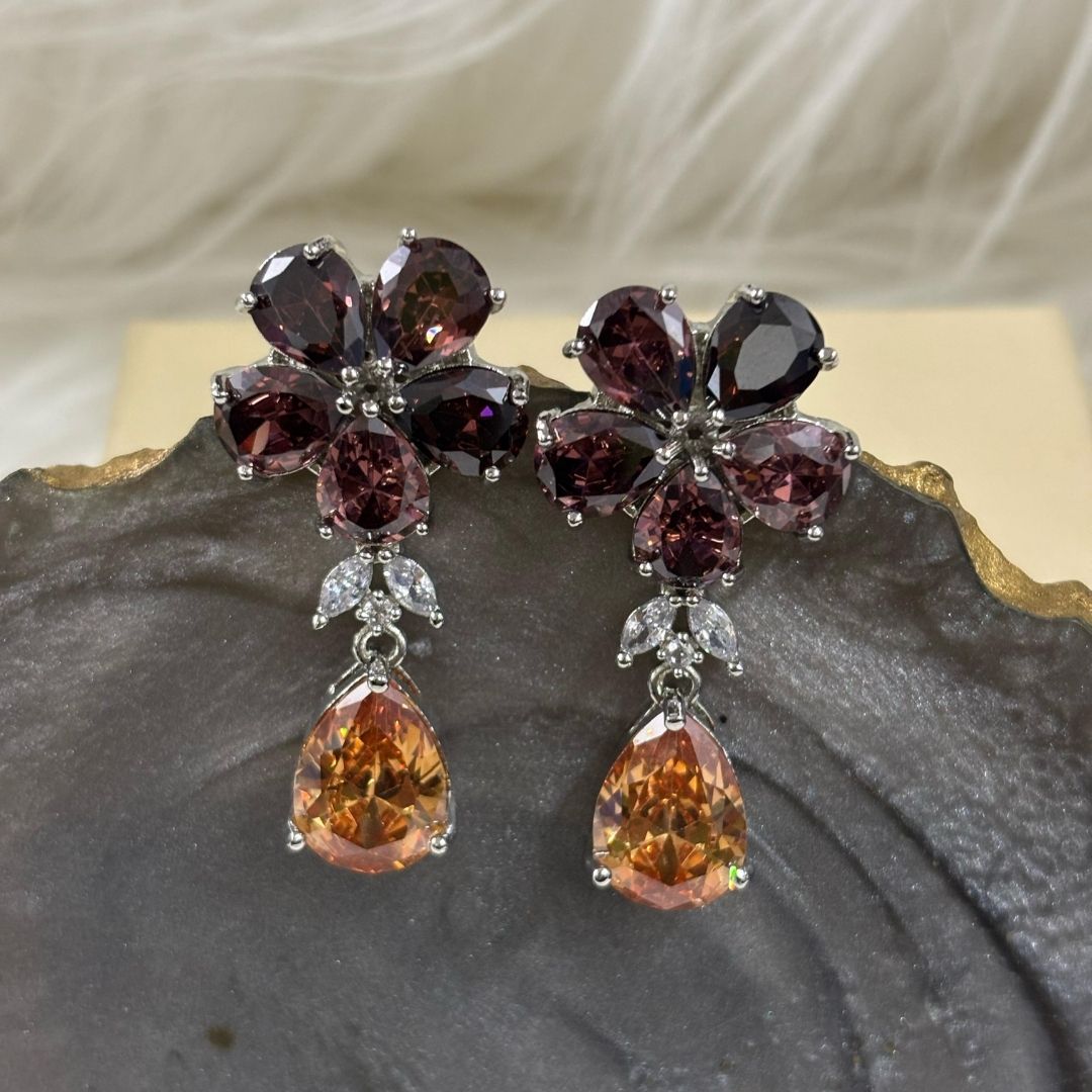 Bdiva Rhodium Plated Garnet and Champagne  Gemstone Flower Design Dangle Earring