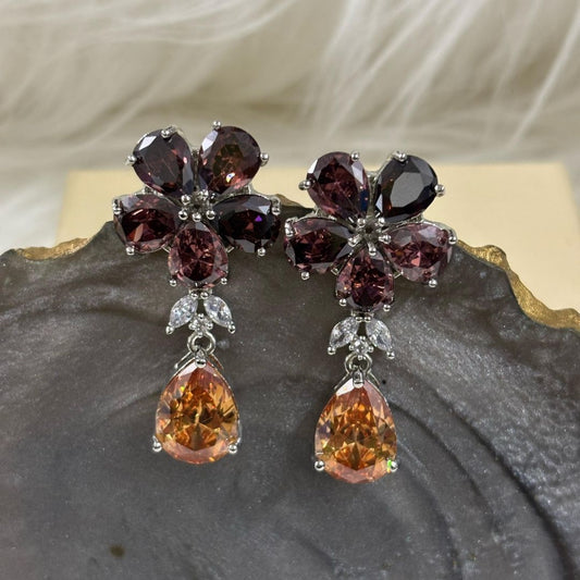 Bdiva Rhodium Plated Garnet and Champagne  Gemstone Flower Design Dangle Earring