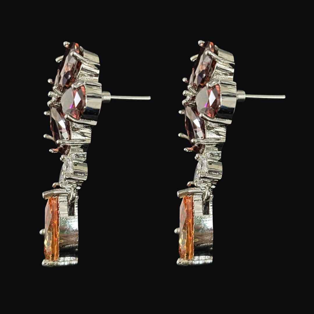 Bdiva Rhodium Plated Garnet and Champagne  Gemstone Flower Design Dangle Earring