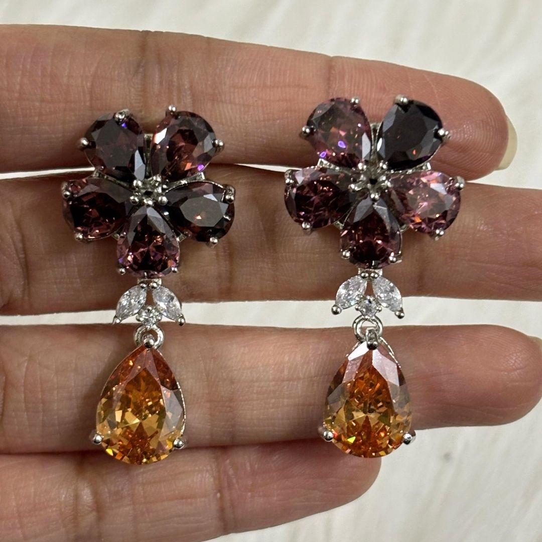Bdiva Rhodium Plated Garnet and Champagne  Gemstone Flower Design Dangle Earring