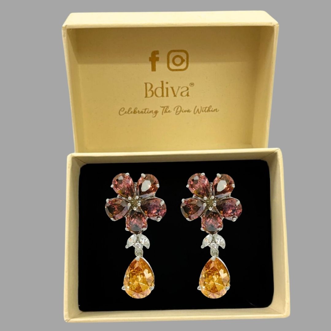 Bdiva Rhodium Plated Garnet and Champagne  Gemstone Flower Design Dangle Earring