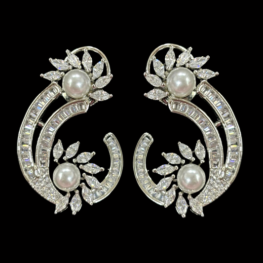 Rhodium-Plated Semi-Cultured Pearl & Zirconia Earrings