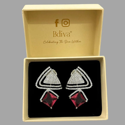 Rhodium Plated Red Ruby Earrings