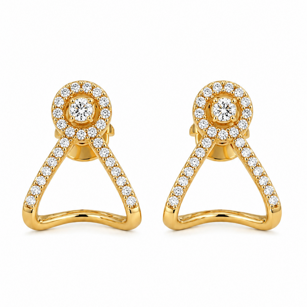 Gold Plated Cubic Zirconia Halo Style Drop Earrings