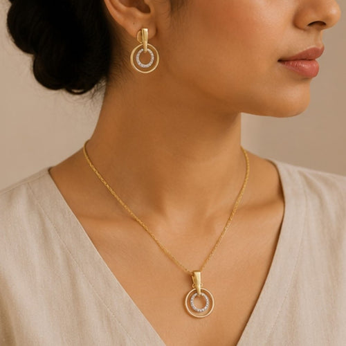 Gold Plated Cubic Zirconia Double Circle Pendant Set