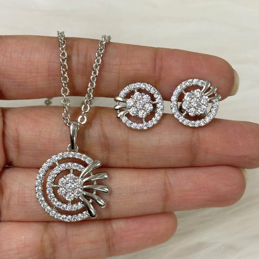 Rhodium-Plated Cubic Zirconia Pendant & Stud Earrings Set