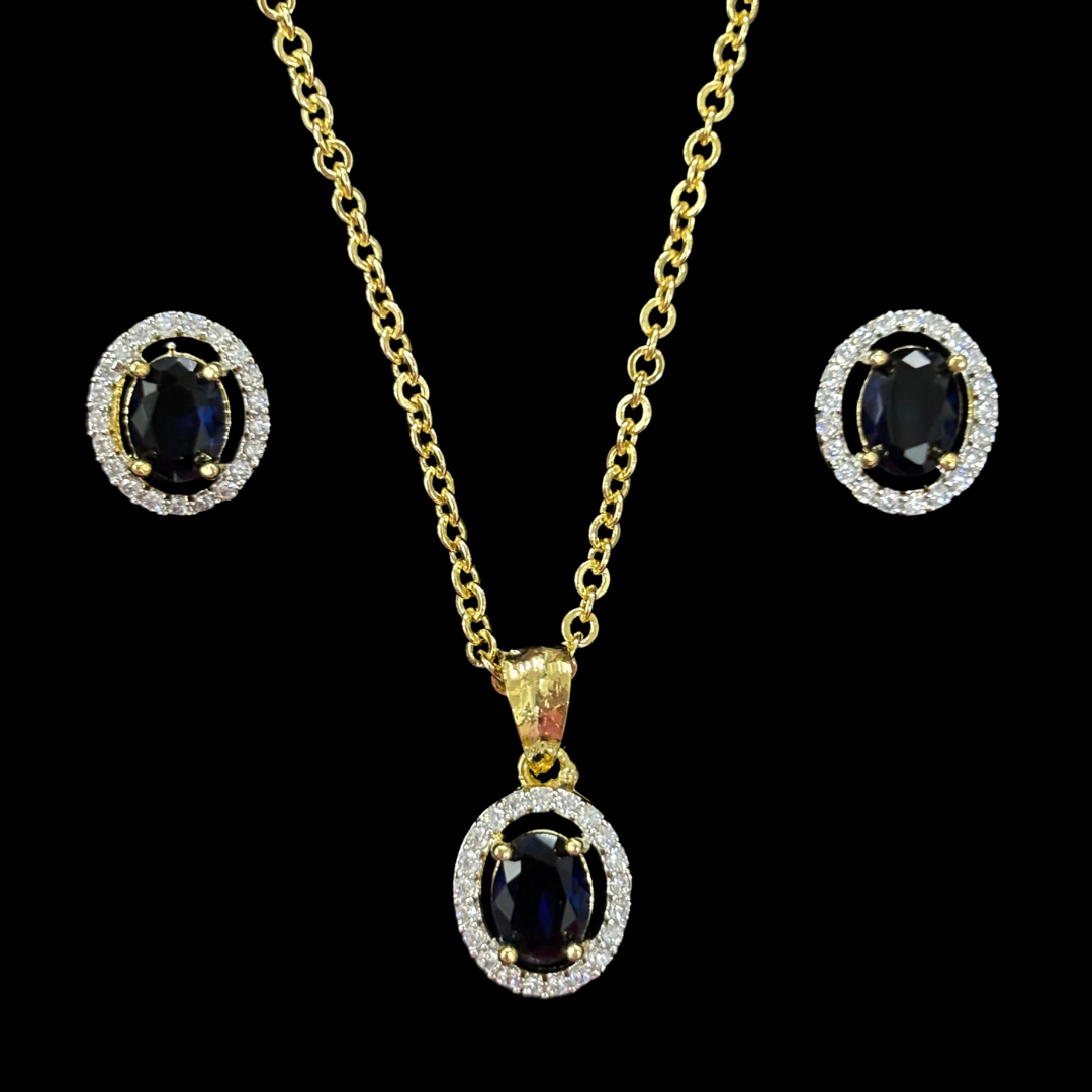 Blue Sapphire Luxe Gold-Plated Solitaire Halo Pendant & Earrings Set – A Regal Touch of Blue