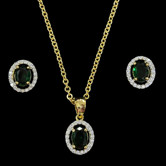 Green Emerald Luxe Gold-Plated Solitaire Halo Pendant & Earrings Set – A Regal Touch of Green