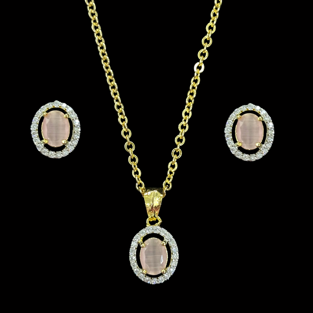 Morganite Luxe Gold-Plated Solitaire Halo Pendant & Earrings Set – A Regal Touch of Morganite