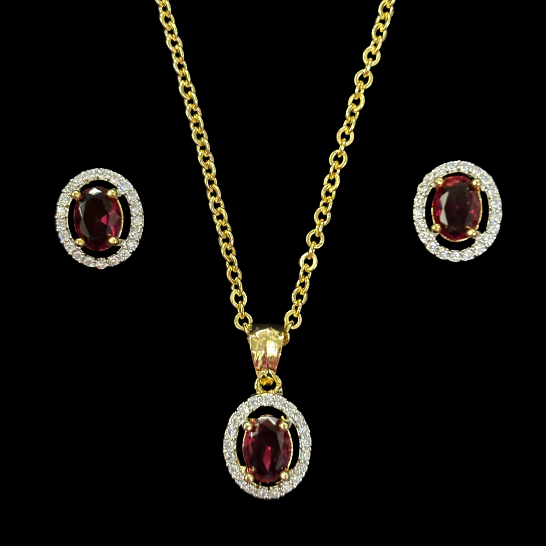 Red Ruby Luxe Gold-Plated Solitaire Halo Pendant & Earrings Set – A Regal Touch of Red