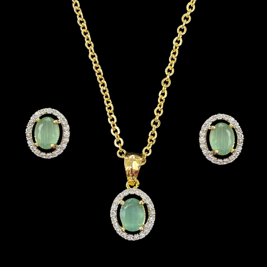 Green Topaz Luxe Gold-Plated Solitaire Halo Pendant & Earrings Set – A Regal Touch of Green