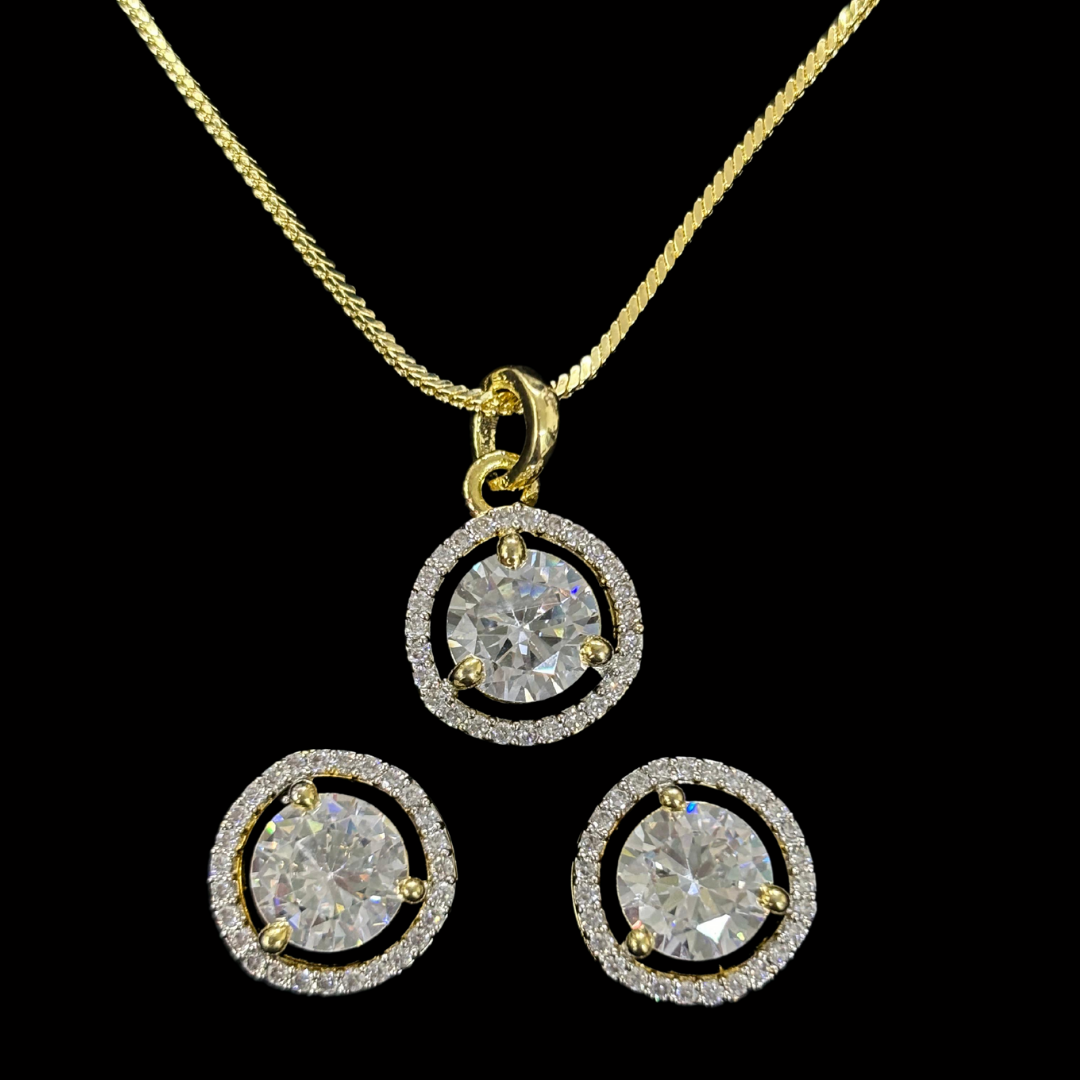 Gold-Plated Eternal Glow Solitaire Halo Pendant & Earrings Set