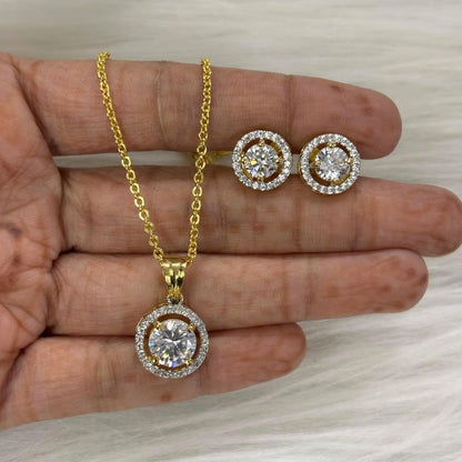 Gold-Plated Eternal Glow Solitaire Halo Pendant & Earrings Set